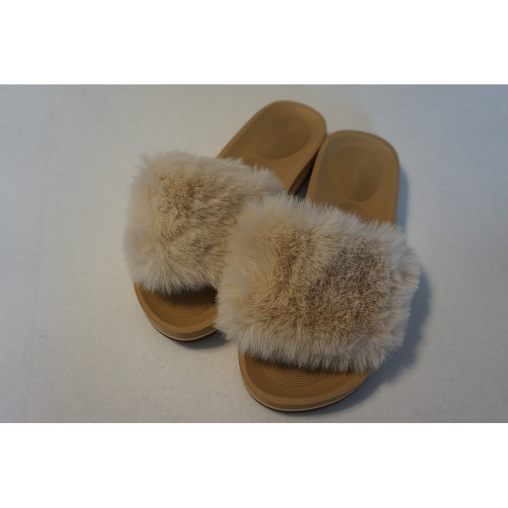 Coface Womens Faux Fur Slide Sandals Tan Beige Slip On Comfort Shoes US 7